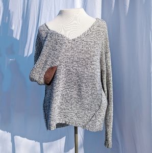 RDI  Nordstrom Cable Knit Gray V Neck Sweater Elbow Patch Sz Large